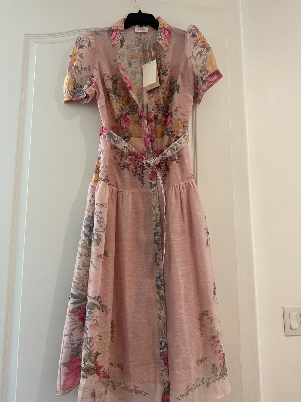 Women's Pink Floral Midi Dress with Tie Waist